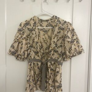Vintage‎ Y2K Cream and Black Leaf Print Wrap Blouse Mobwife Citygirl